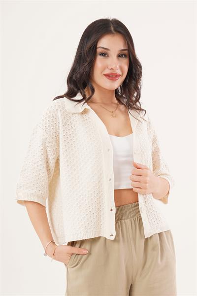 Polo Yaka Düşük Omuz Yarım Kol Bej Hırka