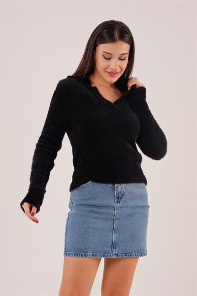 Polo Yaka Yumuşacık Sakallı Siyah Kazak