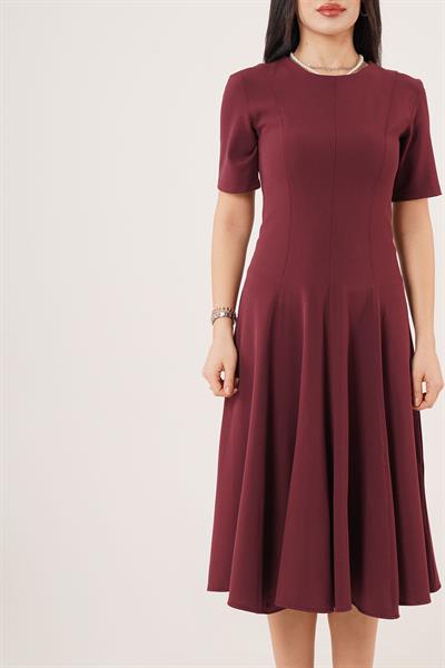 Çan Model Belden Oturtmalı Bordo Elbise