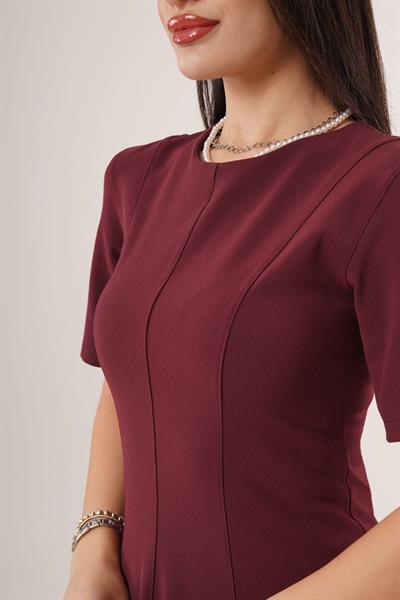 Çan Model Belden Oturtmalı Bordo Elbise