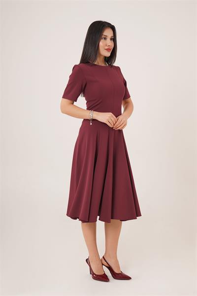 Çan Model Belden Oturtmalı Bordo Elbise