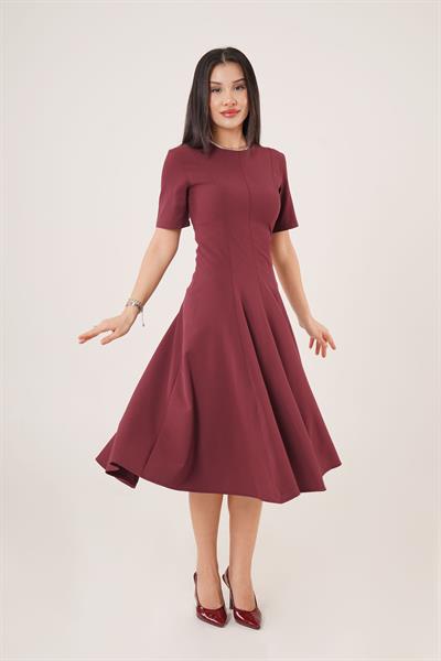Çan Model Belden Oturtmalı Bordo Elbise