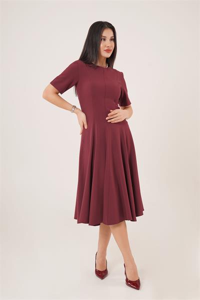 Çan Model Belden Oturtmalı Bordo Elbise