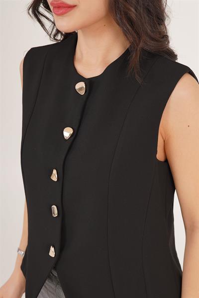 Parlak Düğme Detaylı Siyah Yelek	