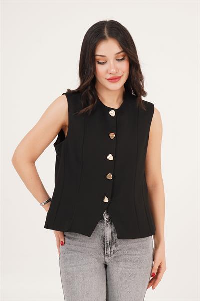 Parlak Düğme Detaylı Siyah Yelek	