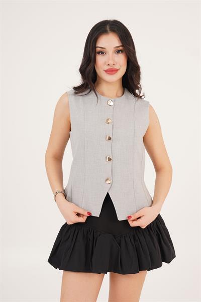 Parlak Düğme Detaylı Gri Yelek	