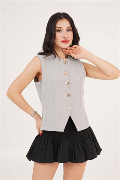 Parlak Düğme Detaylı Gri Yelek	