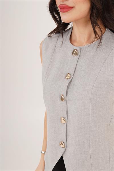 Parlak Düğme Detaylı Gri Yelek	