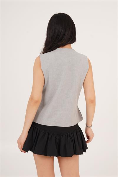 Parlak Düğme Detaylı Gri Yelek	