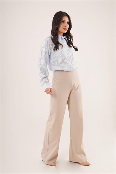 Bol Paça Yandan Fermuarlı Krem Kumaş Pantolon	