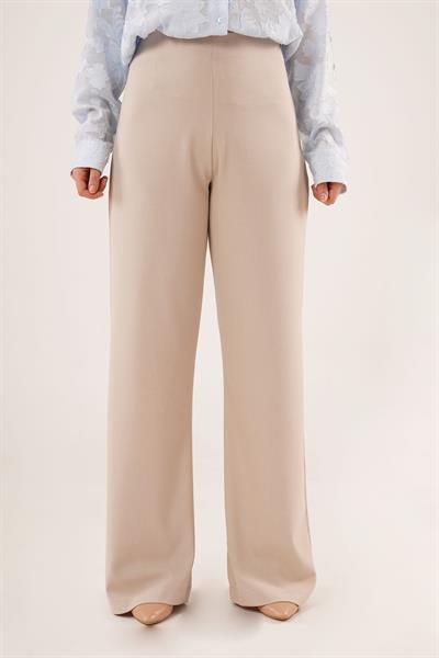 Bol Paça Yandan Fermuarlı Krem Kumaş Pantolon	