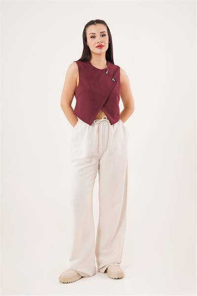Çift Düğmeli Çapraz Model Bordo Yelek	
