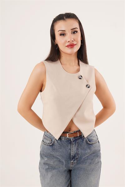Çift Düğmeli Çapraz Model Bej Yelek
