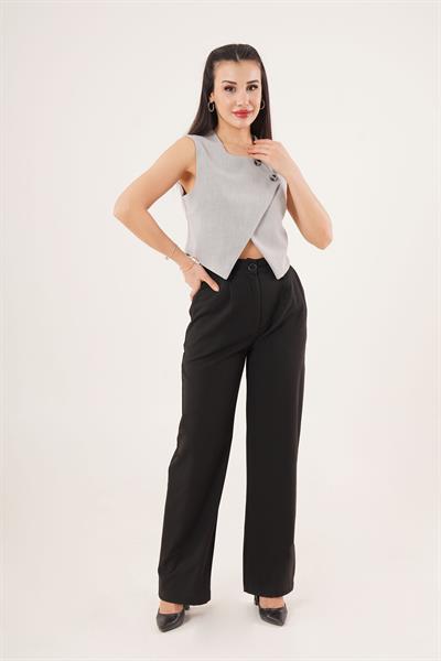 Çift Düğmeli Çapraz Model Gri Yelek	