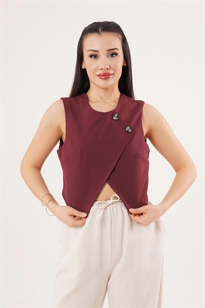 Çift Düğmeli Çapraz Model Bordo Yelek	