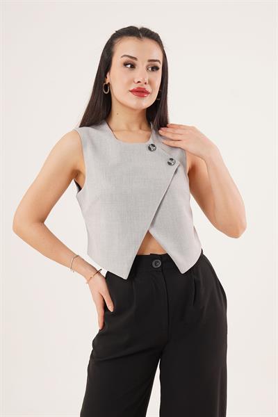 Çift Düğmeli Çapraz Model Gri Yelek	