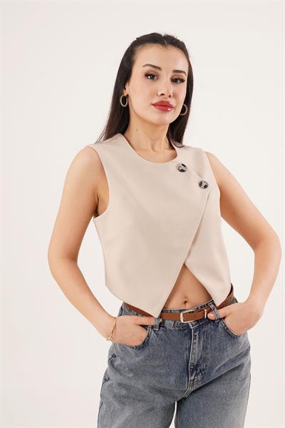 Çift Düğmeli Çapraz Model Bej Yelek
