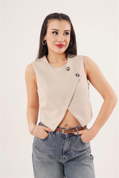 Çift Düğmeli Çapraz Model Bej Yelek
