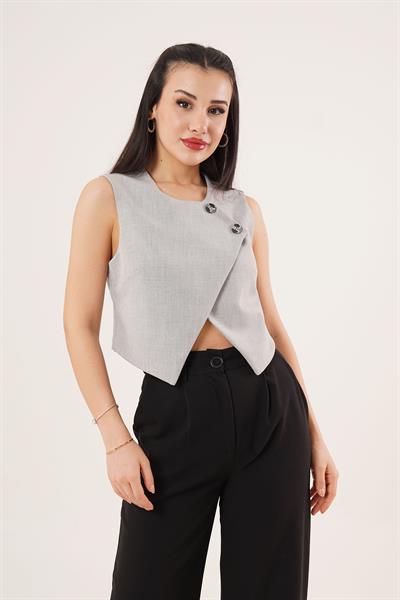 Çift Düğmeli Çapraz Model Gri Yelek	