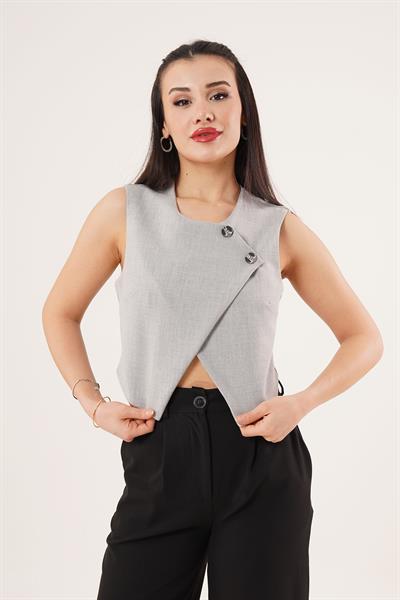 Çift Düğmeli Çapraz Model Gri Yelek	