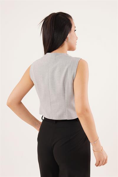 Çift Düğmeli Çapraz Model Gri Yelek	