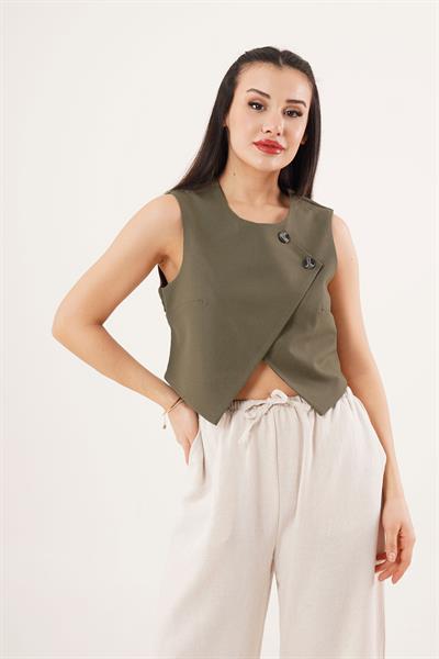 Çift Düğmeli Çapraz Model Haki Yelek	