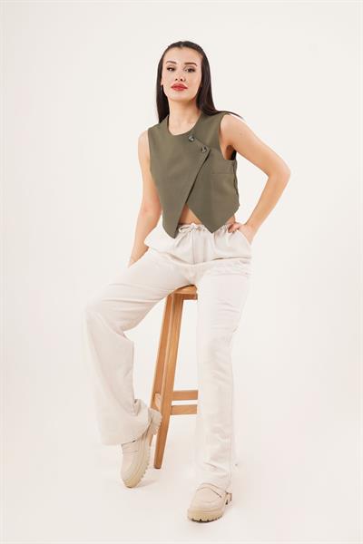 Çift Düğmeli Çapraz Model Haki Yelek	