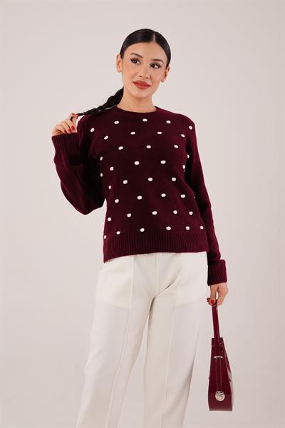 Ponponlu Bisiklet Yaka Bordo Triko Kazak