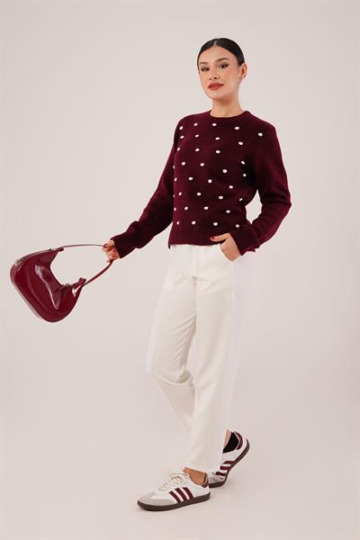 Ponponlu Bisiklet Yaka Bordo Triko Kazak