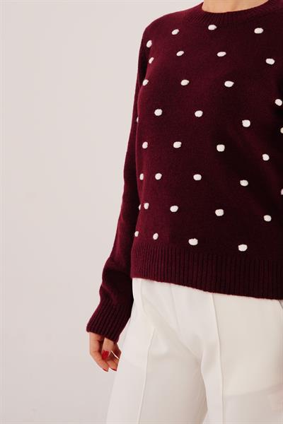 Ponponlu Bisiklet Yaka Bordo Triko Kazak