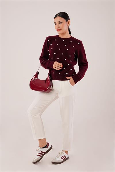 Ponponlu Bisiklet Yaka Bordo Triko Kazak