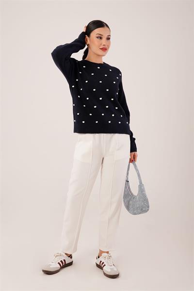 Ponponlu Bisiklet Yaka Lacivert Triko Kazak