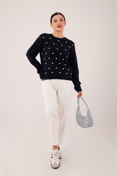 Ponponlu Bisiklet Yaka Lacivert Triko Kazak