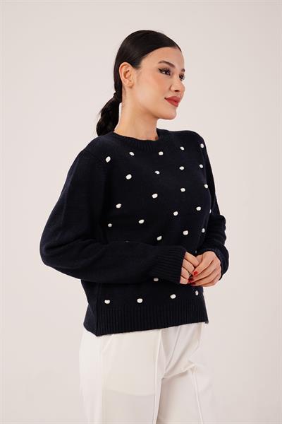 Ponponlu Bisiklet Yaka Lacivert Triko Kazak