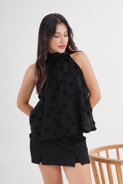 Ponponlu Boyundan Bağlamalı Siyah Bluz