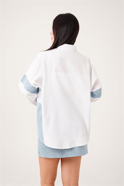 Premium Denim ve Pul Detaylı Beyaz Gömlek