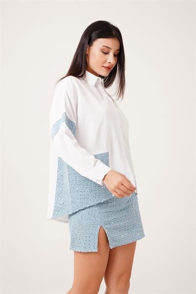 Premium Denim ve Pul Detaylı Beyaz Gömlek