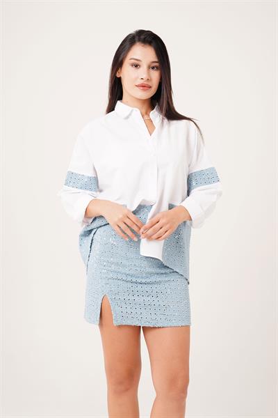 Premium Denim ve Pul Detaylı Beyaz Gömlek