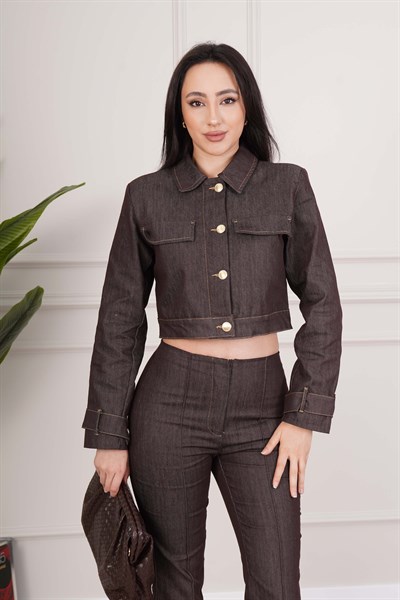 Premium Kahve Denim Crop Ceket ve Pantolon Takım
