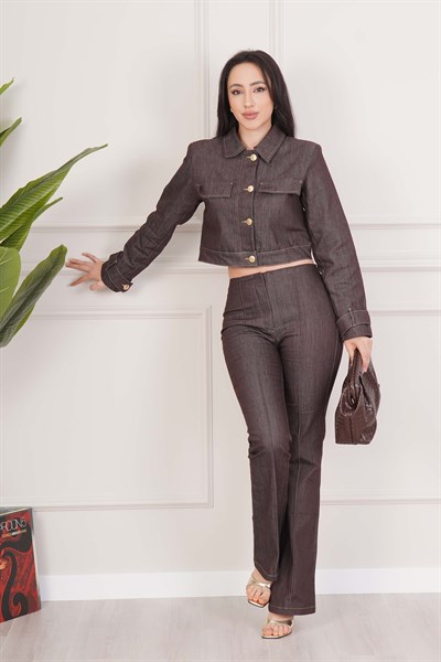Premium Kahve Denim Crop Ceket ve Pantolon Takım