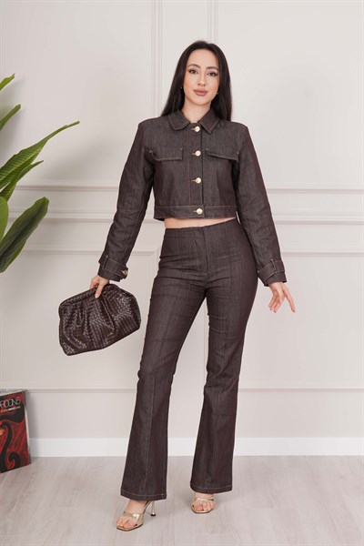 Premium Kahve Denim Crop Ceket ve Pantolon Takım