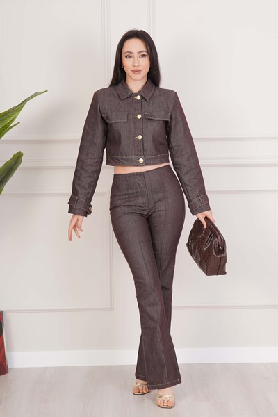 Premium Kahve Denim Crop Ceket ve Pantolon Takım