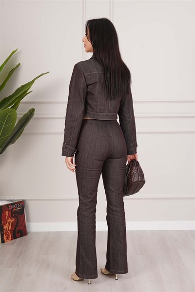 Premium Kahve Denim Crop Ceket ve Pantolon Takım