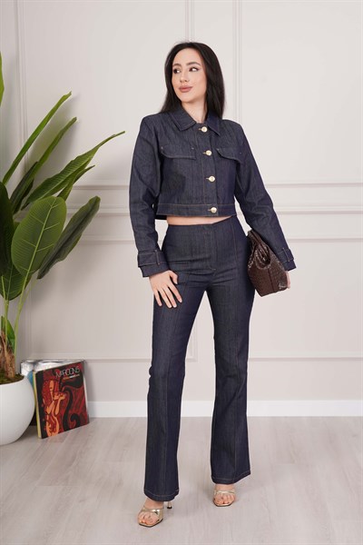 Premium Kot Denim Crop Ceket ve Pantolon Takım
