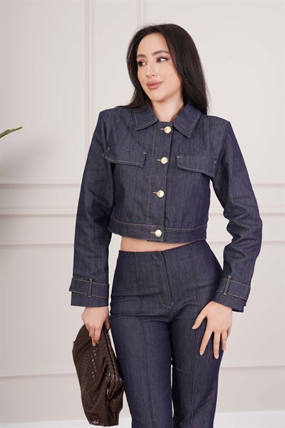 Premium Kot Denim Crop Ceket ve Pantolon Takım