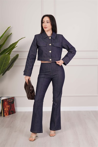 Premium Kot Denim Crop Ceket ve Pantolon Takım
