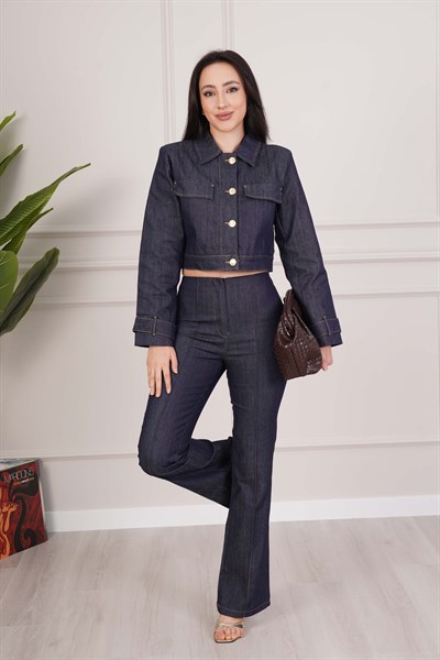 Premium Kot Denim Crop Ceket ve Pantolon Takım