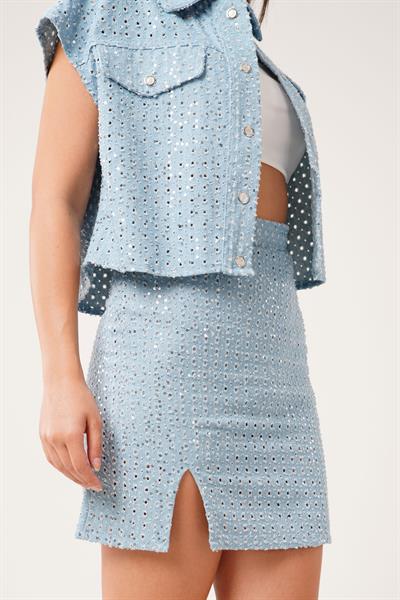 Premium Payet İşlemeli Denim Mavi  Mini Etek