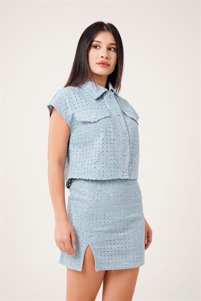 Premium Payet İşlemeli Denim Mavi  Mini Etek