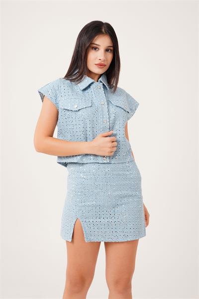 Premium Payetli Çıtçıt Kapamalı Mavi Yelek